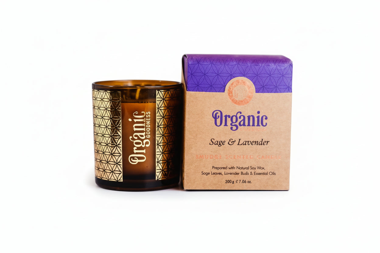 Vela Aromática Organic Smudge 200 g – Frasco de Vidrio Dorado